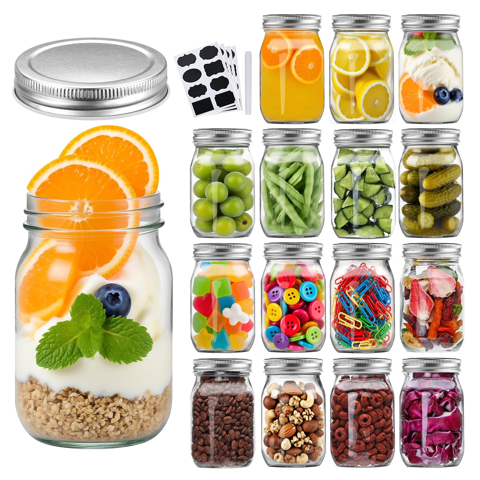 Accguan 16oz glass mason jar with regular lids for leak-proof storage and easy labeling.