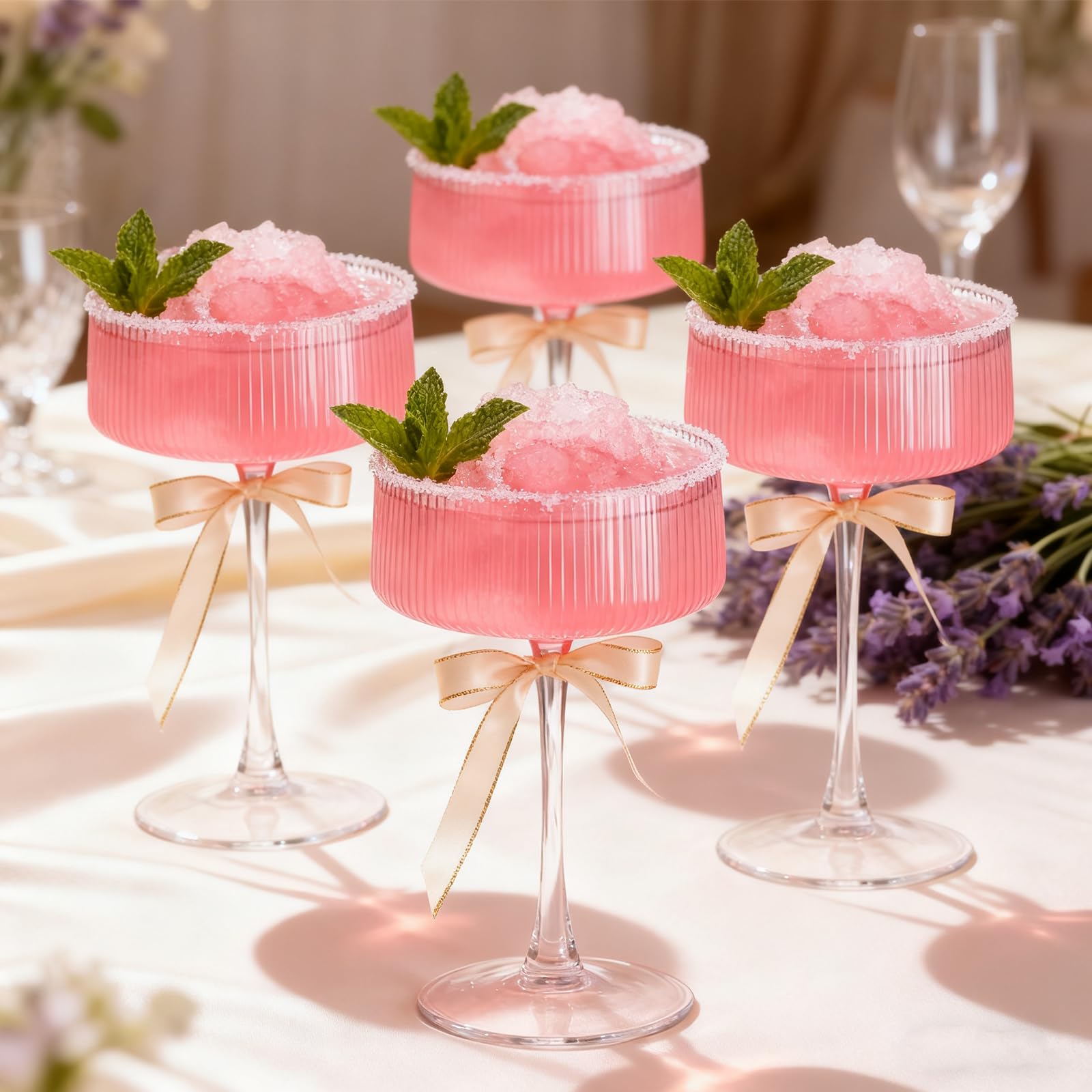 Accguan Ribbed Coupe glasses in bar setup demonstrate versatile serving.
