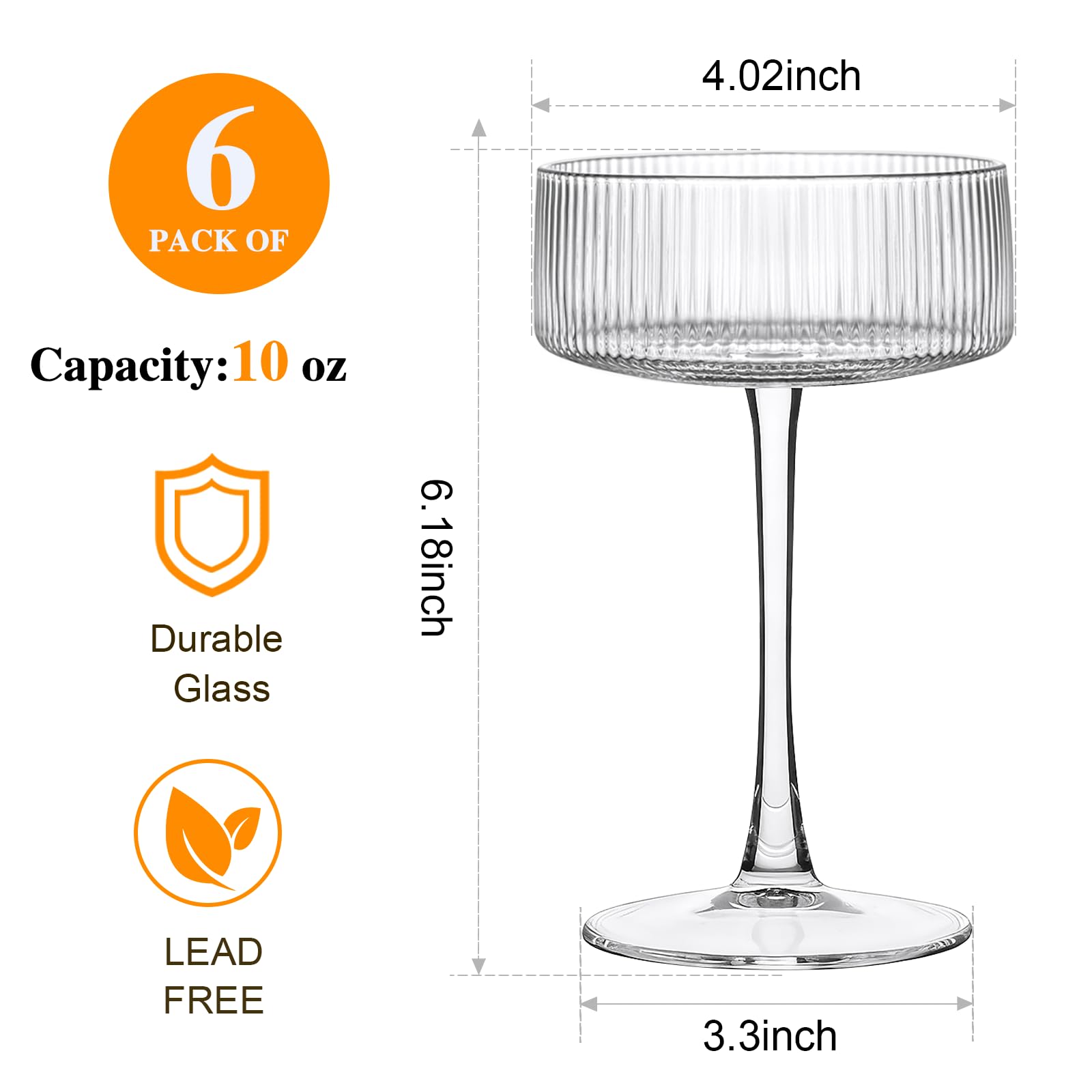 Accguan Ribbed Coupe Glasses 10oz top view highlights crystal clarity for sipping cocktails.