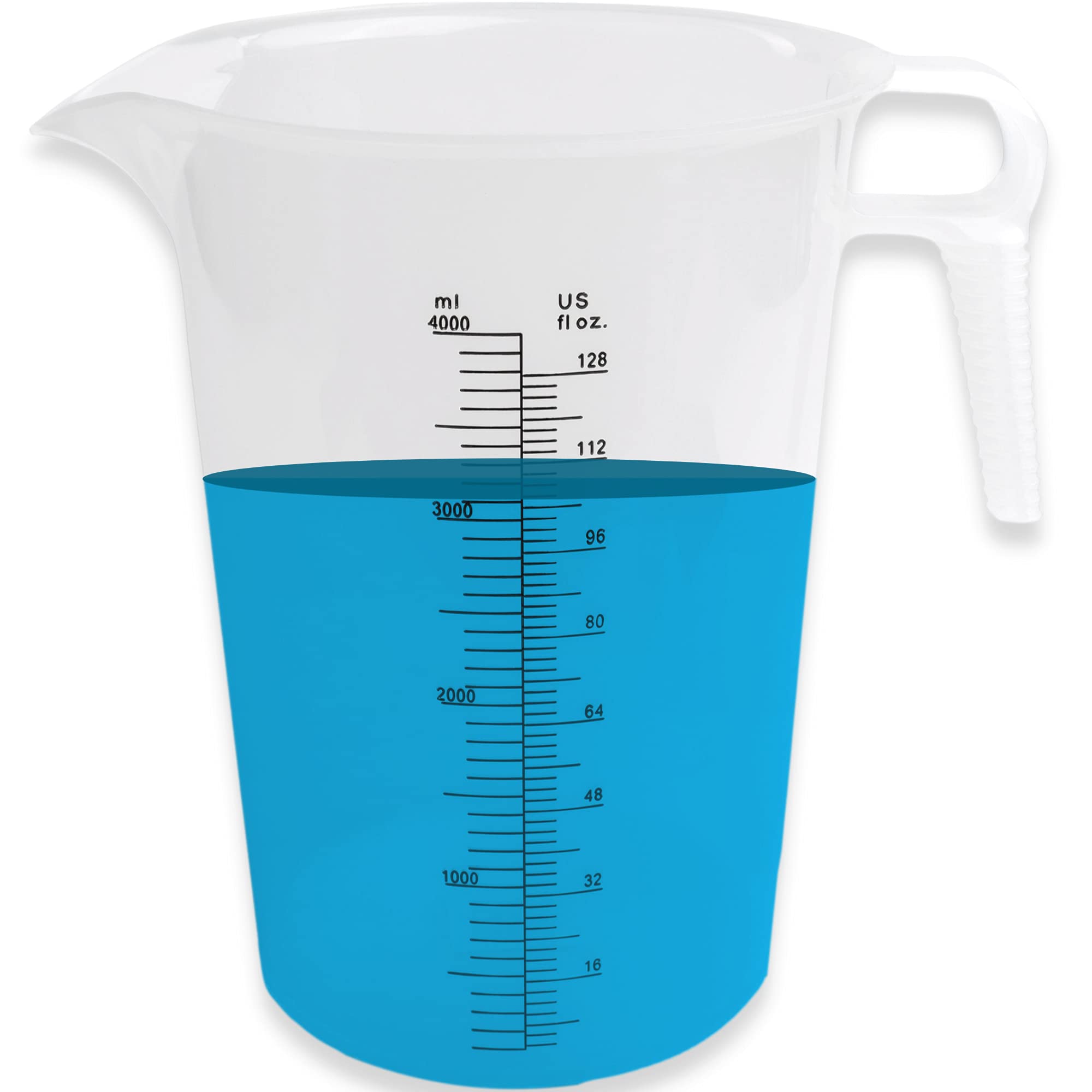 ACCUPOUR 128oz measuring pitcher with ergonomic handle for smooth pouring.