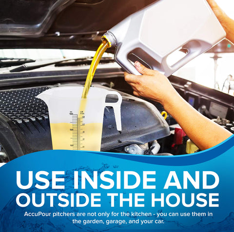 ACCUPOUR 128oz pitcher is a versatile tool for oil, lawn, and pool chemicals.