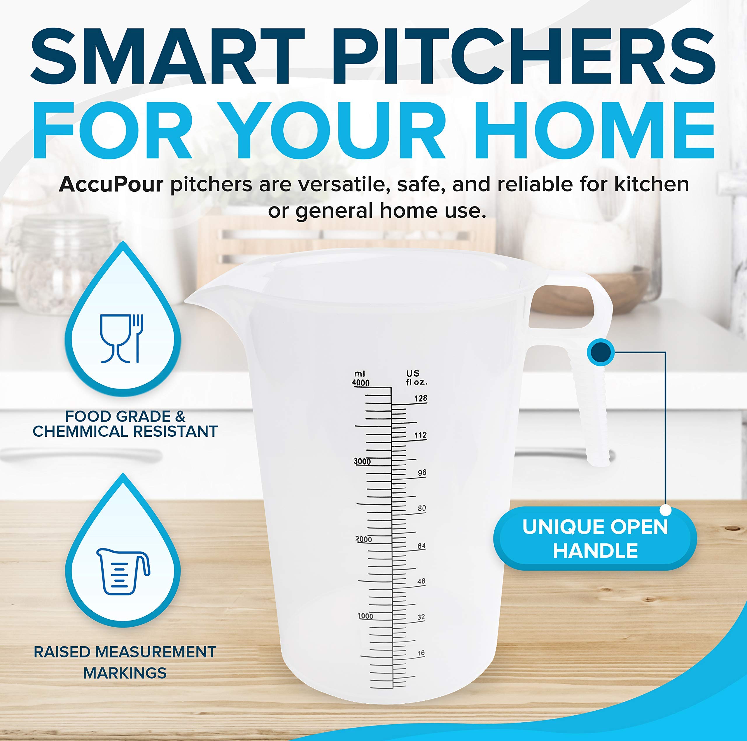 ACCUPOUR 128oz pitcher shows raised graduations for quick, accurate oz and mL readings.