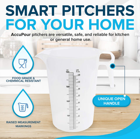 ACCUPOUR 128oz pitcher shows raised graduations for quick, accurate oz and mL readings.