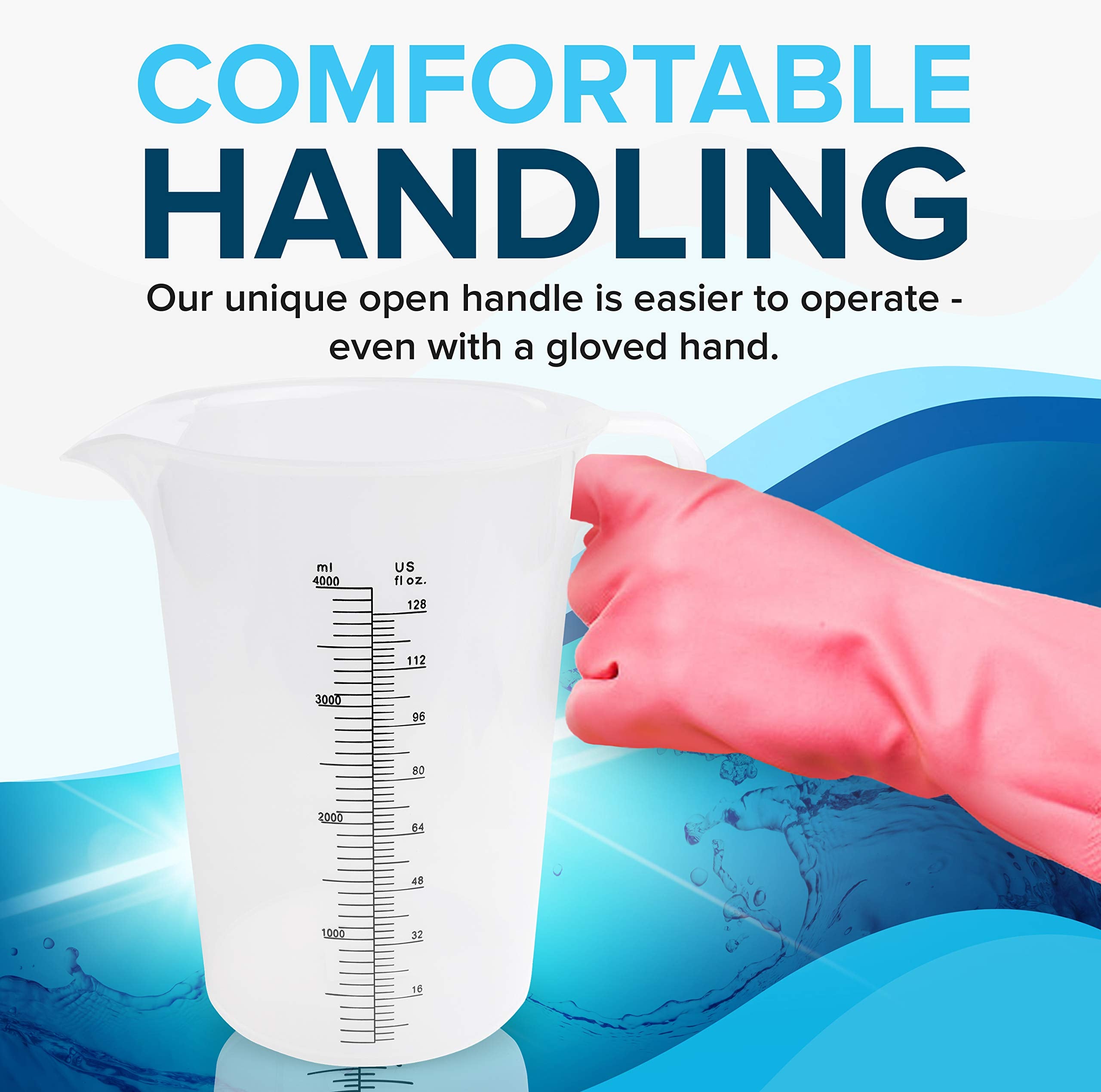 ACCUPOUR 128oz pitcher offers stable design and comfortable grip.