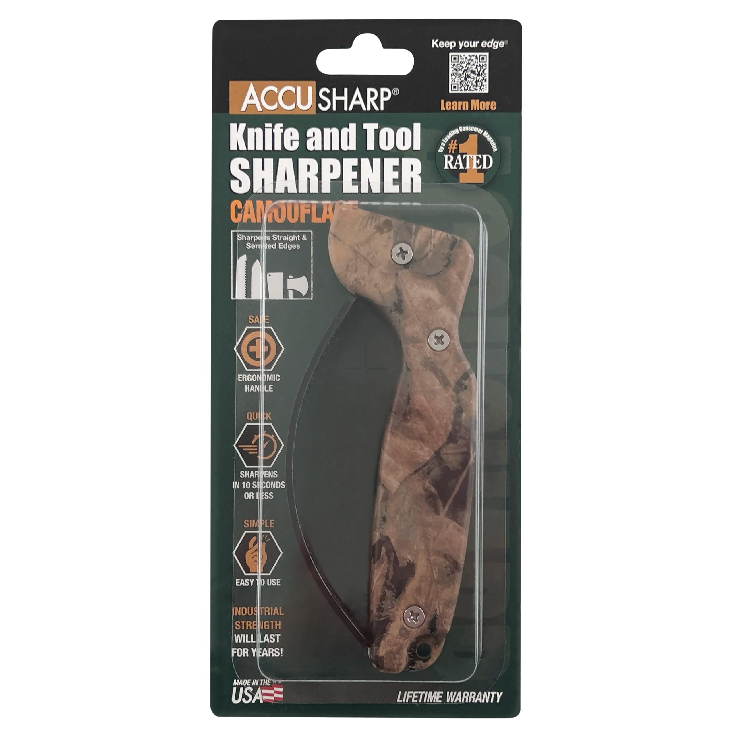 AccuSharp Camo with diamond-honed blades restores dull blades reliably.