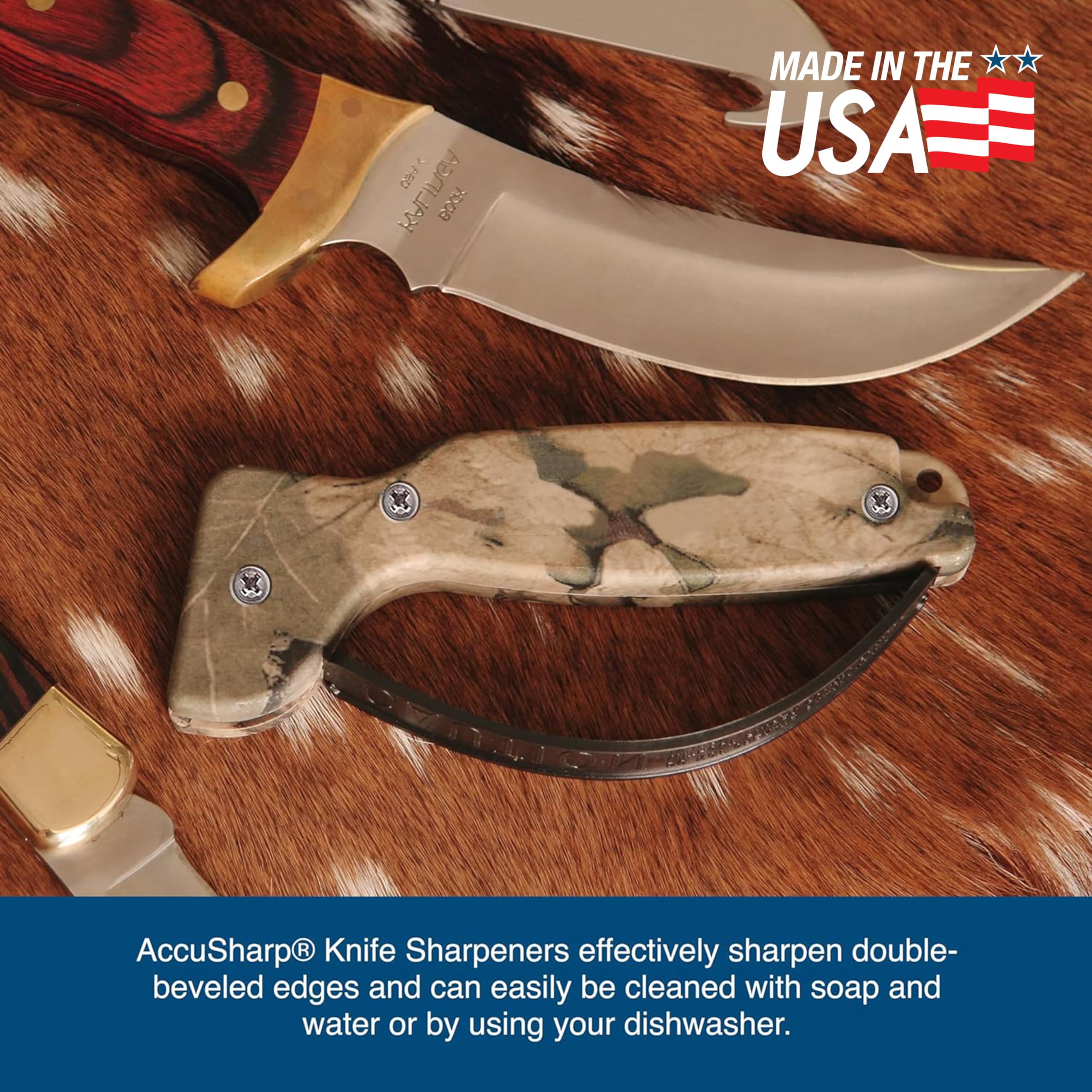 Protective finger guard and ergonomic grip for safe sharpening.