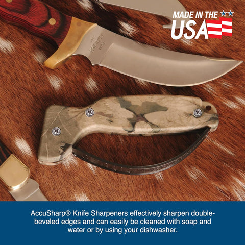 Protective finger guard and ergonomic grip for safe sharpening.