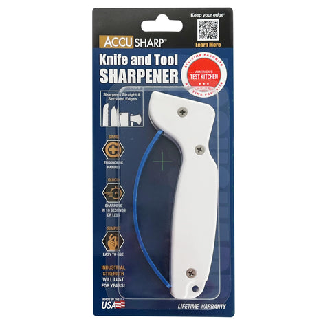 Diamond-honed tungsten carbide blades restore sharp edges on knives with ease.