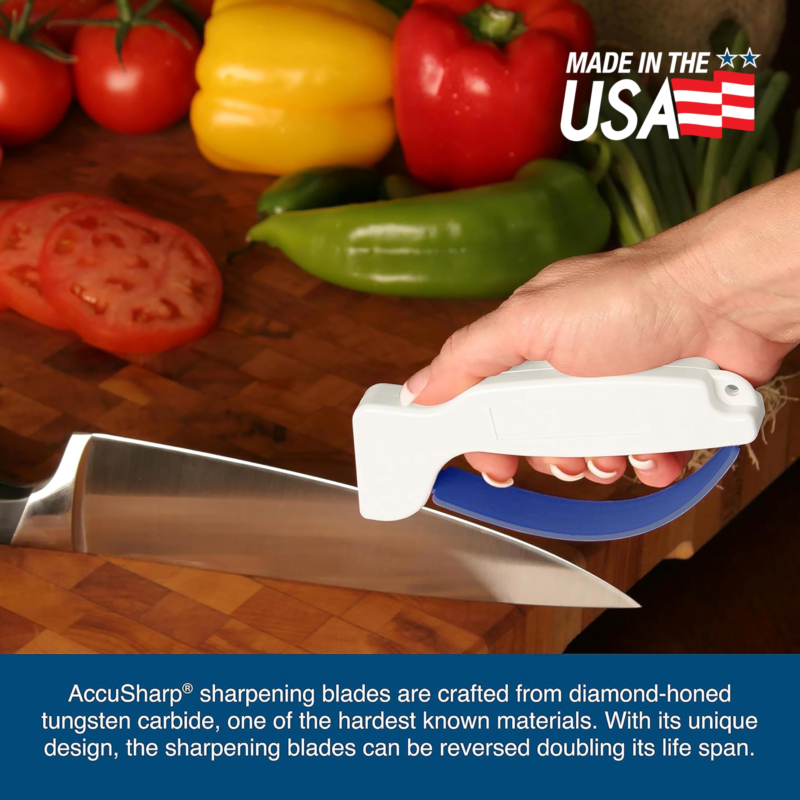 User-friendly ACCUSHARP sharpener is simple to use for everyday kitchen tasks.