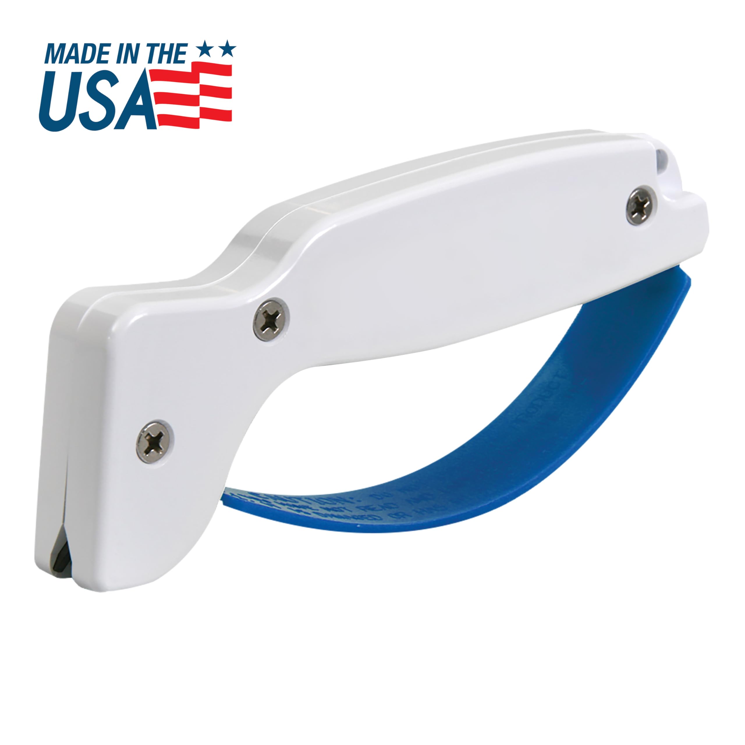 AccuSharp sharpener shows an ergonomic handle and full finger guard for safety.
