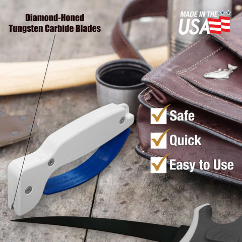 AccuSharp sharpener features a compact, pocket-size design for on-the-go sharpening.