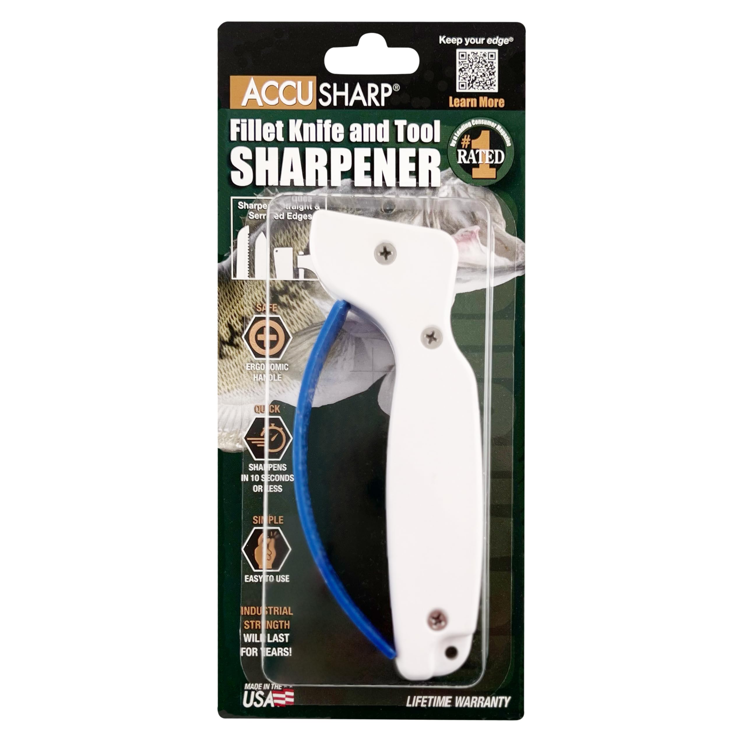 AccuSharp sharpener accommodates straight and serrated blades for versatile use.