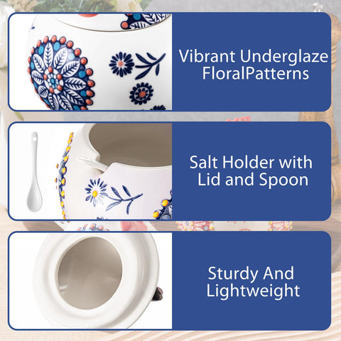 Underglaze floral pattern on blue ceramic adds charm to countertops and shelves.