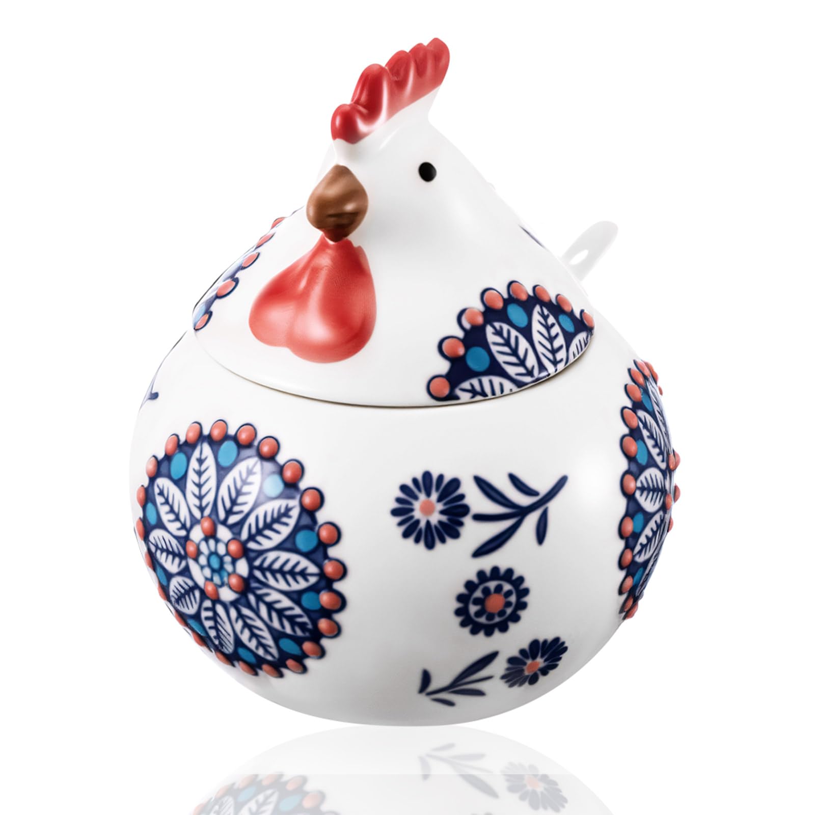 Acellegic chicken salt cellar with lid and spoon in blue, keeps spices fresh and dust-free.
