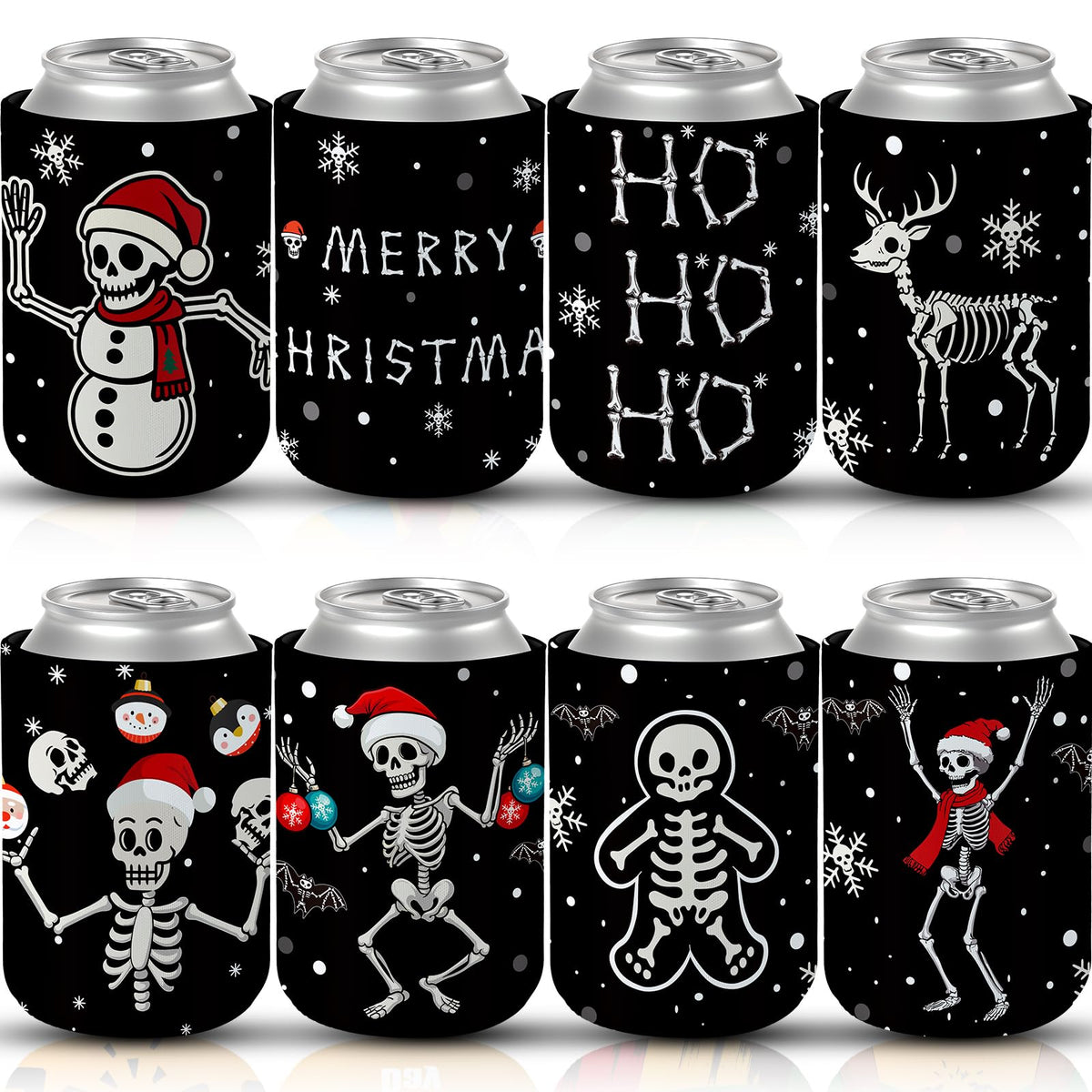 Acellegic Christmas skeleton can sleeve on a 12oz can, keeps drinks cool and hands dry.