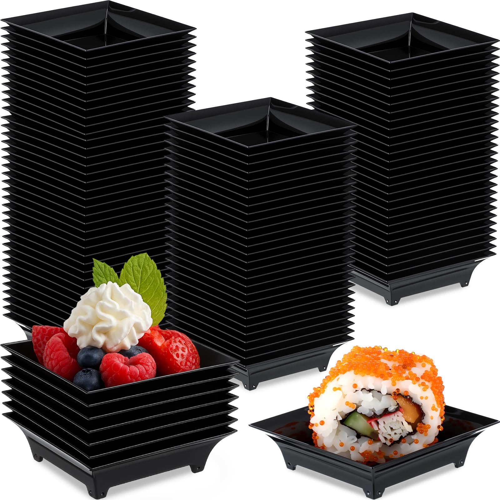 Acellegic mini appetizer plates in a black set, ideal for bulk catering prep.
