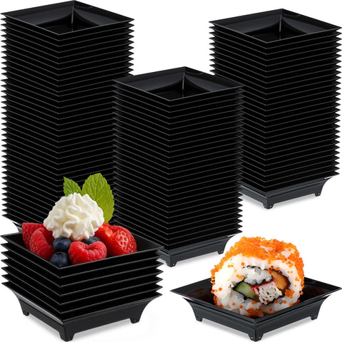 Acellegic mini appetizer plates in a black set, ideal for bulk catering prep.