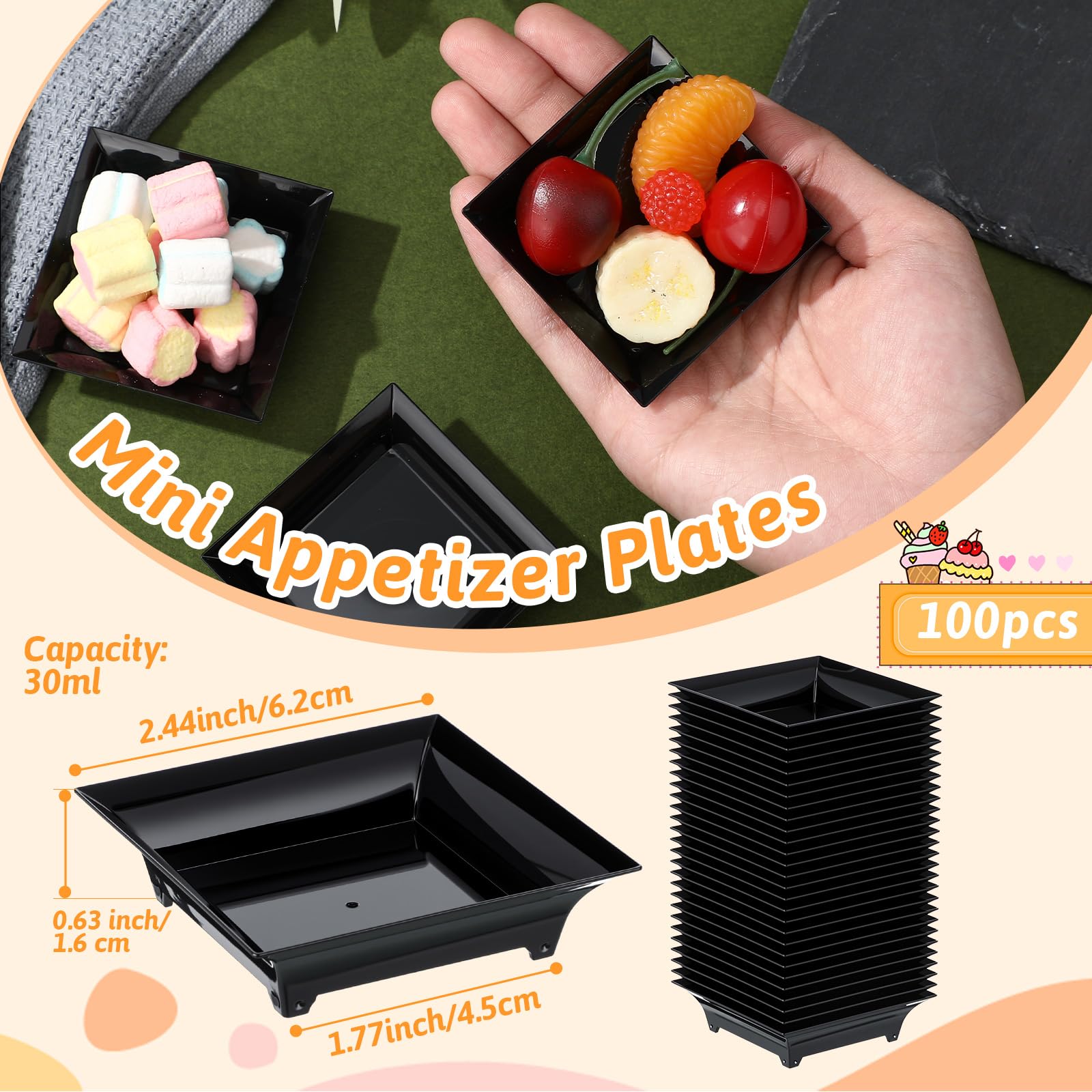 Acellegic square black plastic plates 1oz, perfect for precise portions.