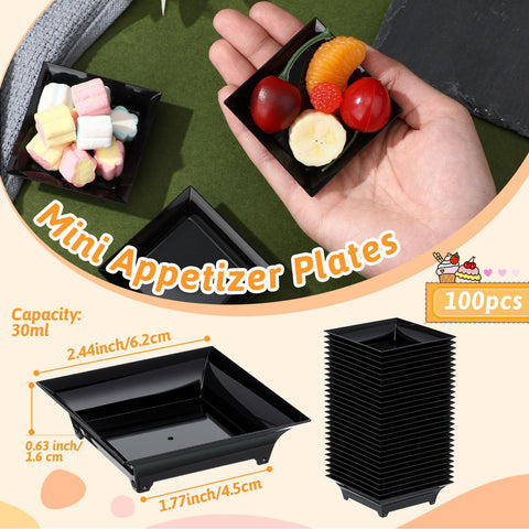 Acellegic square black plastic plates 1oz, perfect for precise portions.