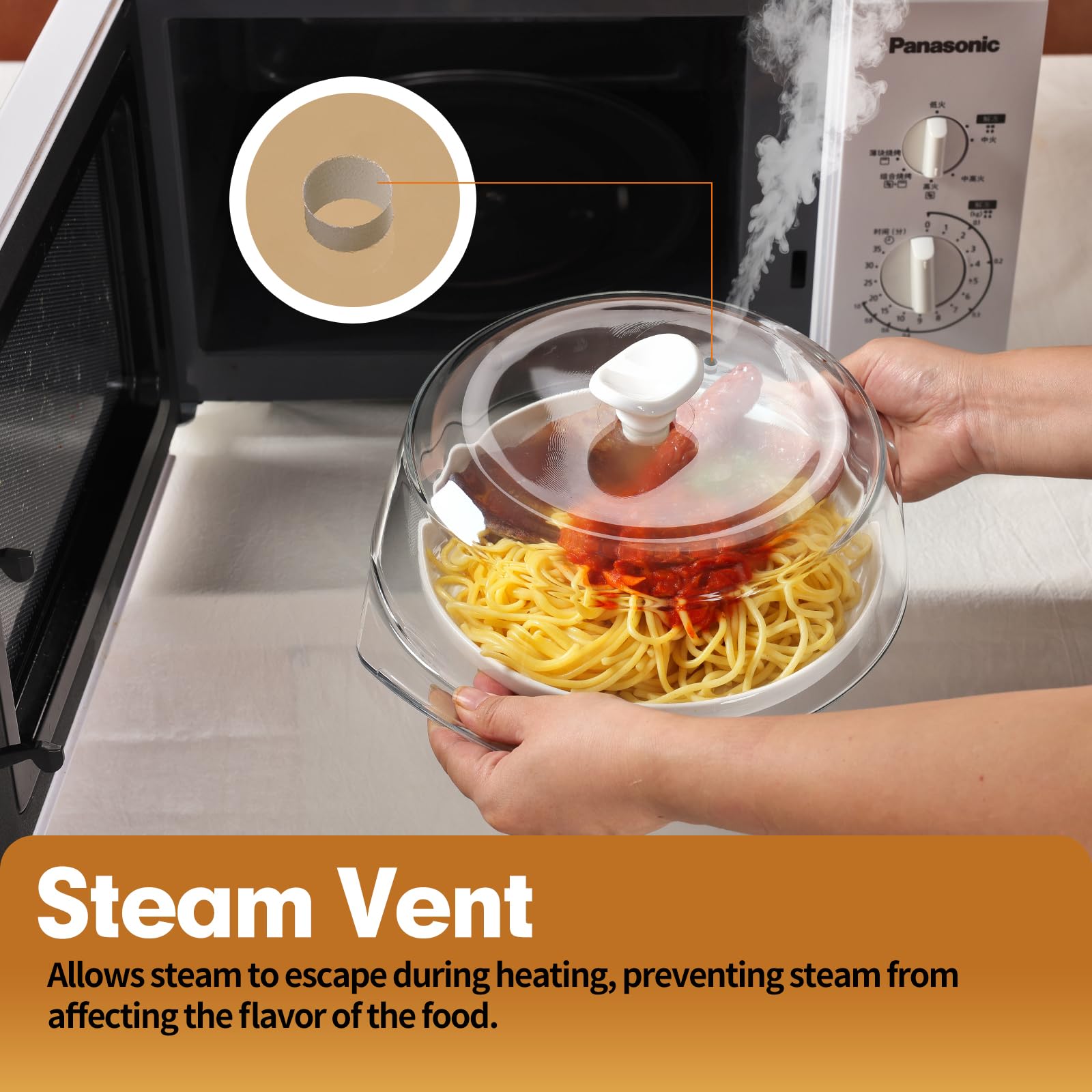 ACEPRUT Steam vent on glass microwave cover releasing steam to prevent sogginess