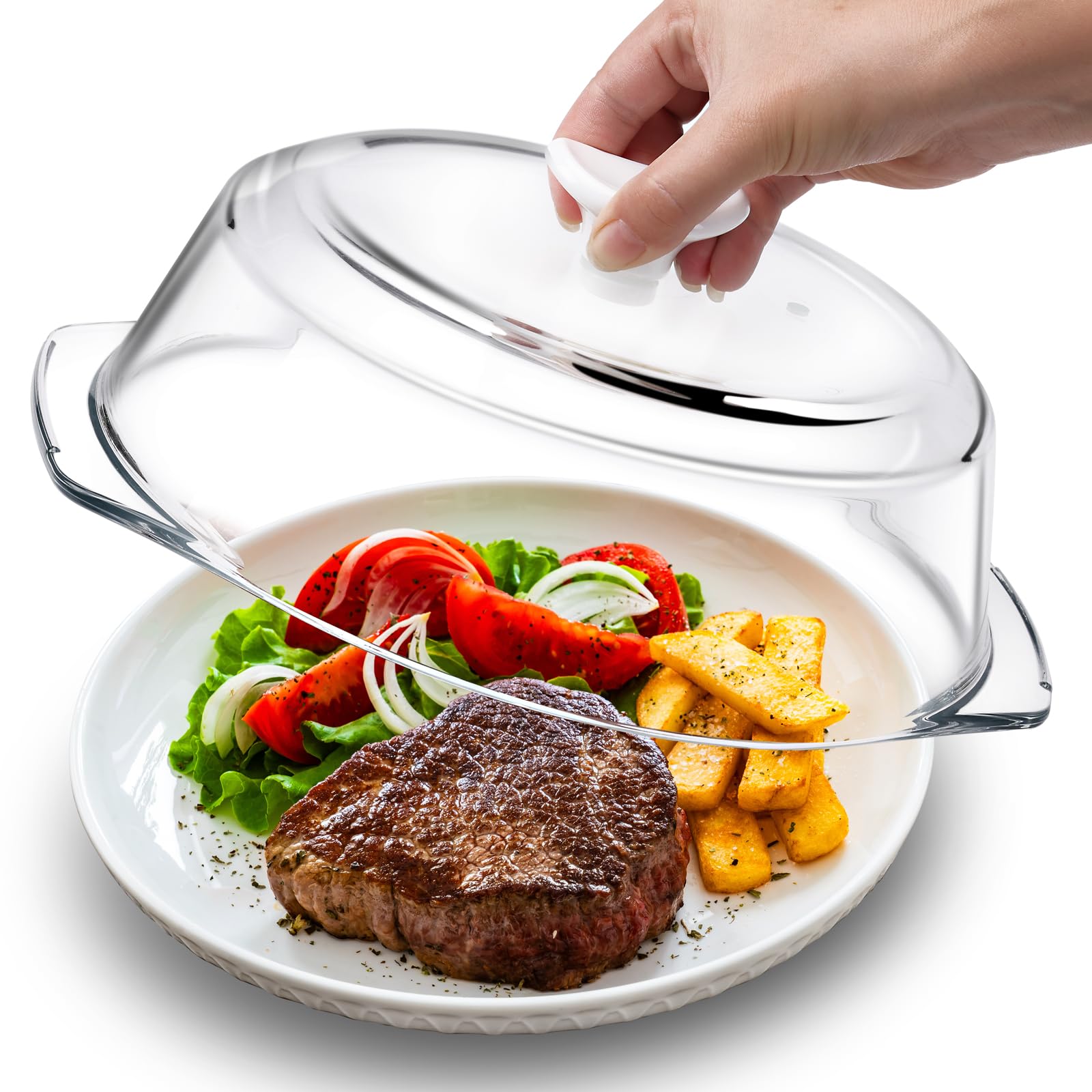 ACEPRUT New Upgrade Glass Microwave Splatter Cover showing full product in use, clean heating possible