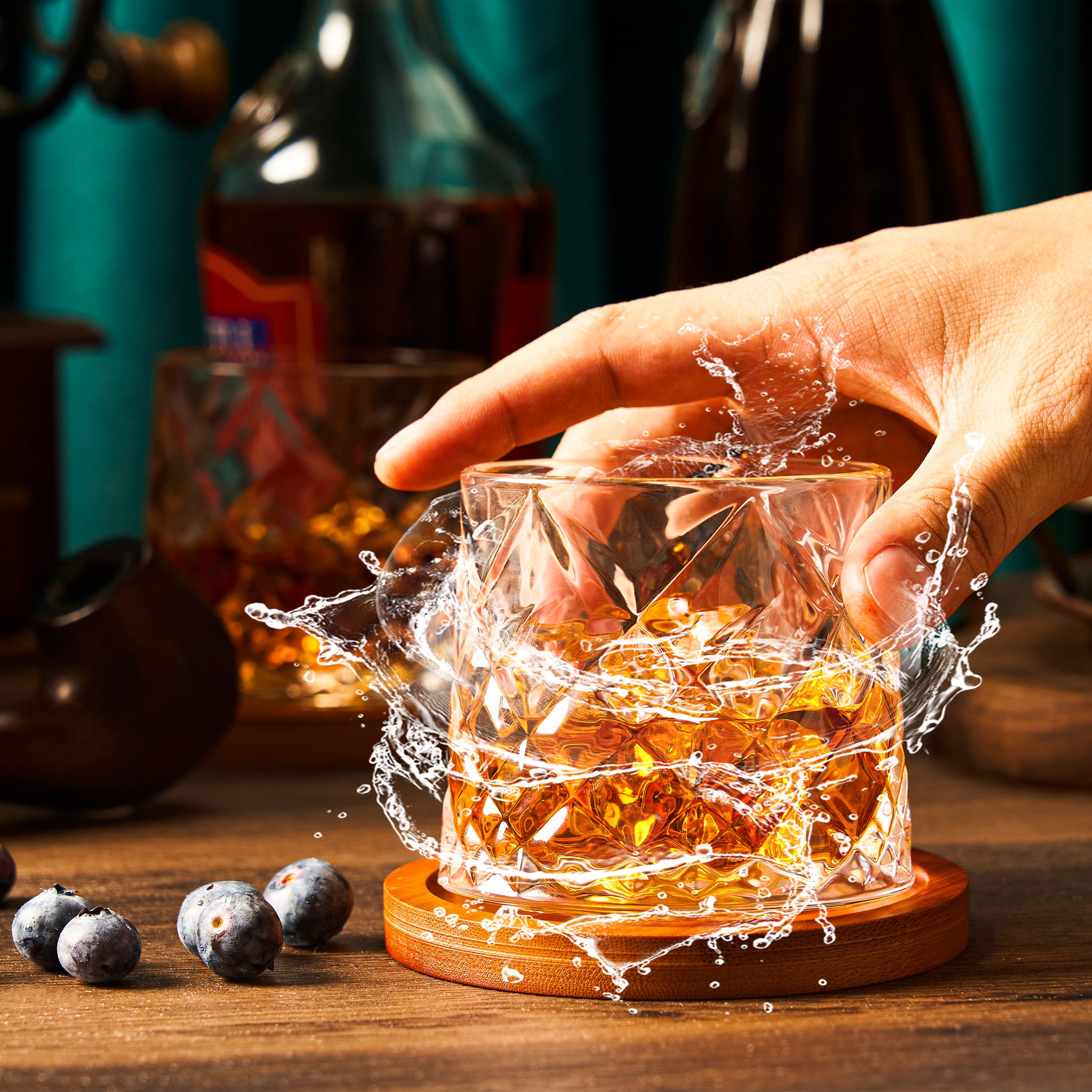 ACHEER turning whiskey glass demonstrates meditative rotation for a calm moment.