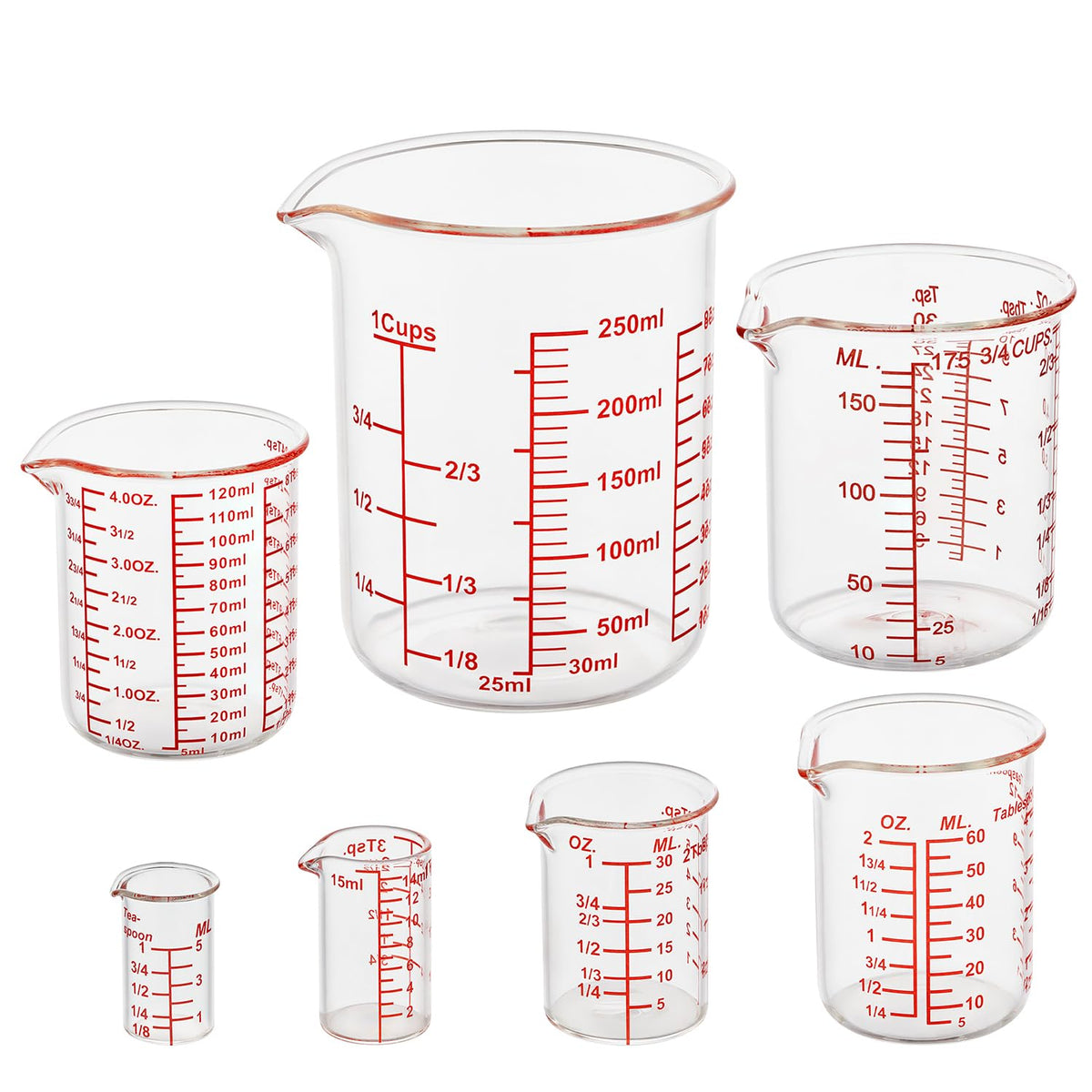 Ackers BORO3.3 7-piece glass measuring cups set on the counter for precise cooking