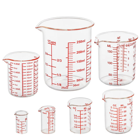 Ackers BORO3.3 7-piece glass measuring cups set on the counter for precise cooking