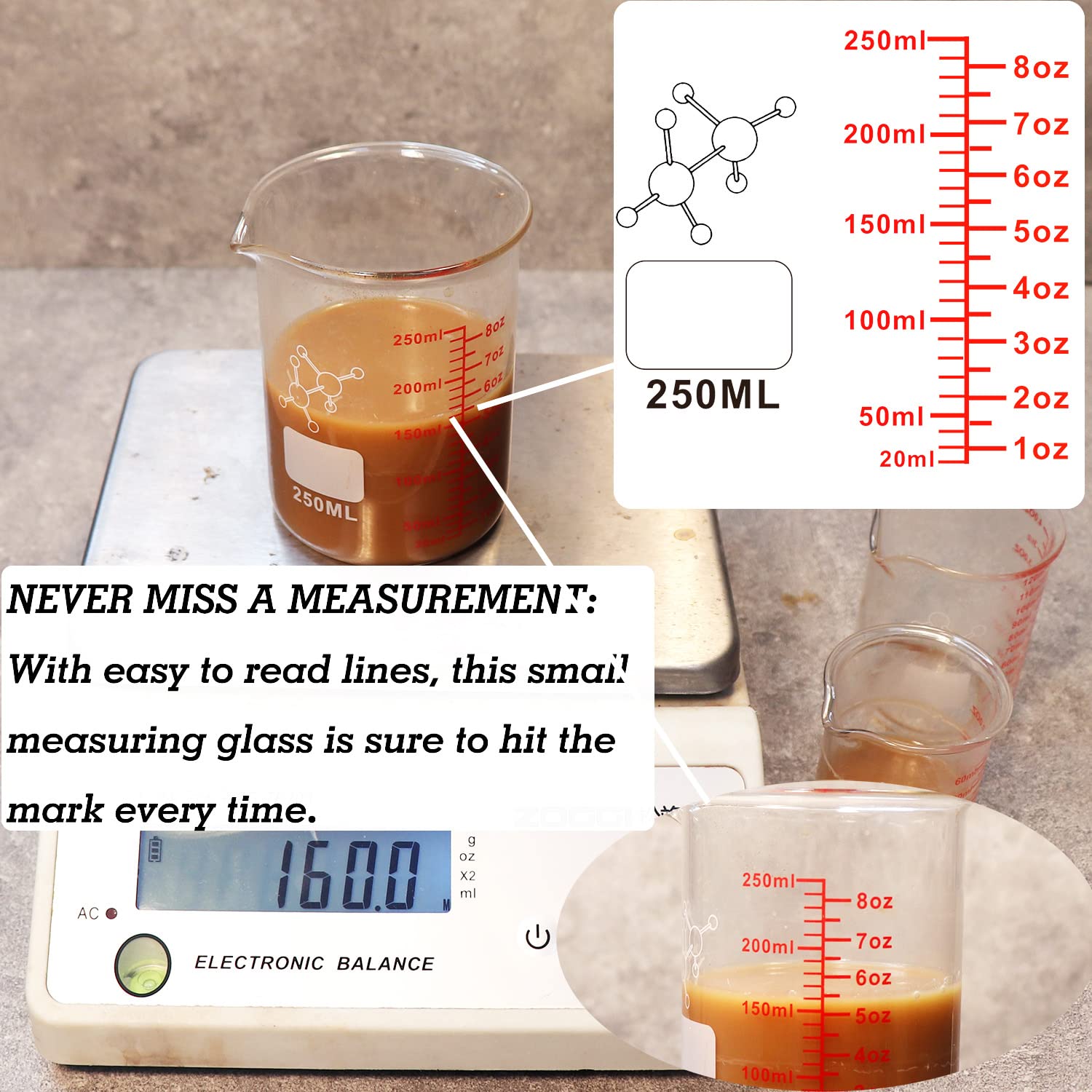 Ackers BORO3.3 mini beaker 8oz offering versatile liquid measuring for cooking and bartending.