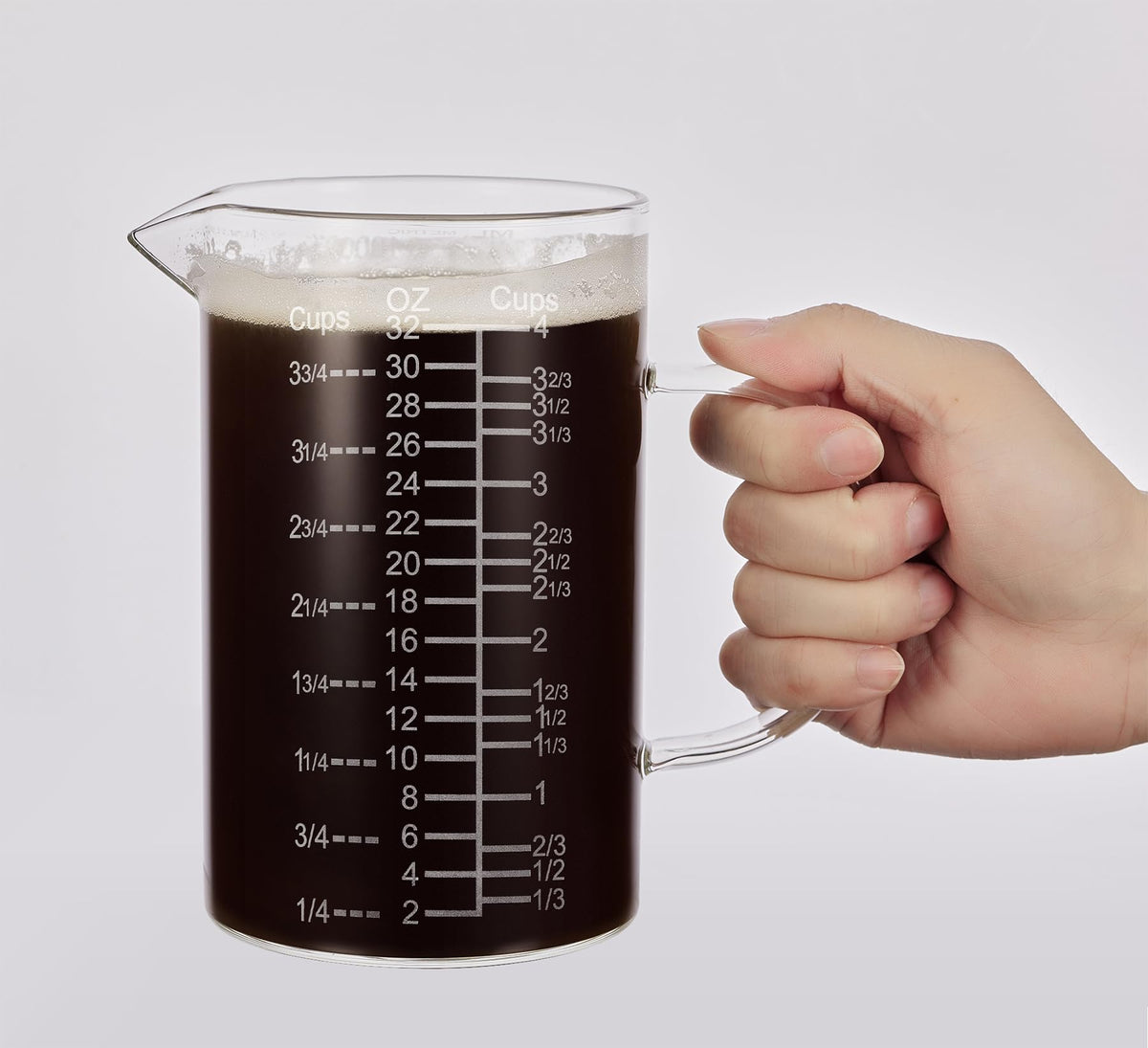 Ackers BORO3.3 etched graduations for precise recipe measurements in cups, ml, and ounces.
