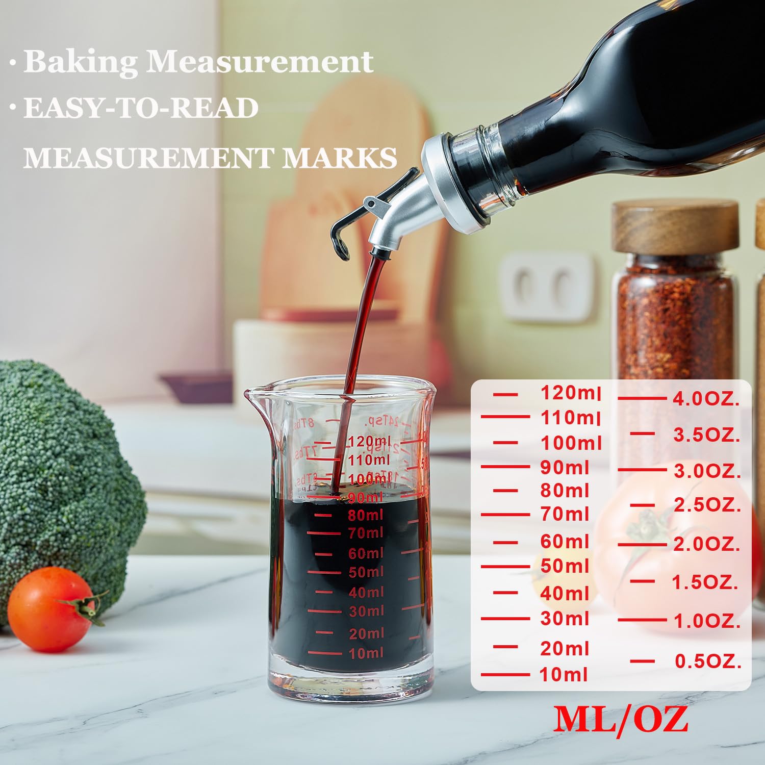 Ackers BORO3.3 measuring cup highlights clear ml and oz markings.