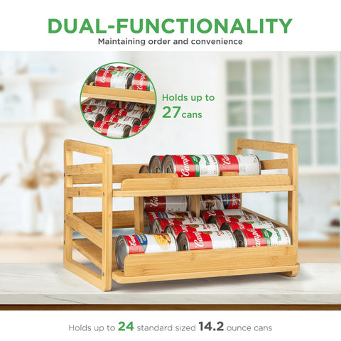 Aclema bamboo rolling can organizer close-up reveals durable bamboo construction.
