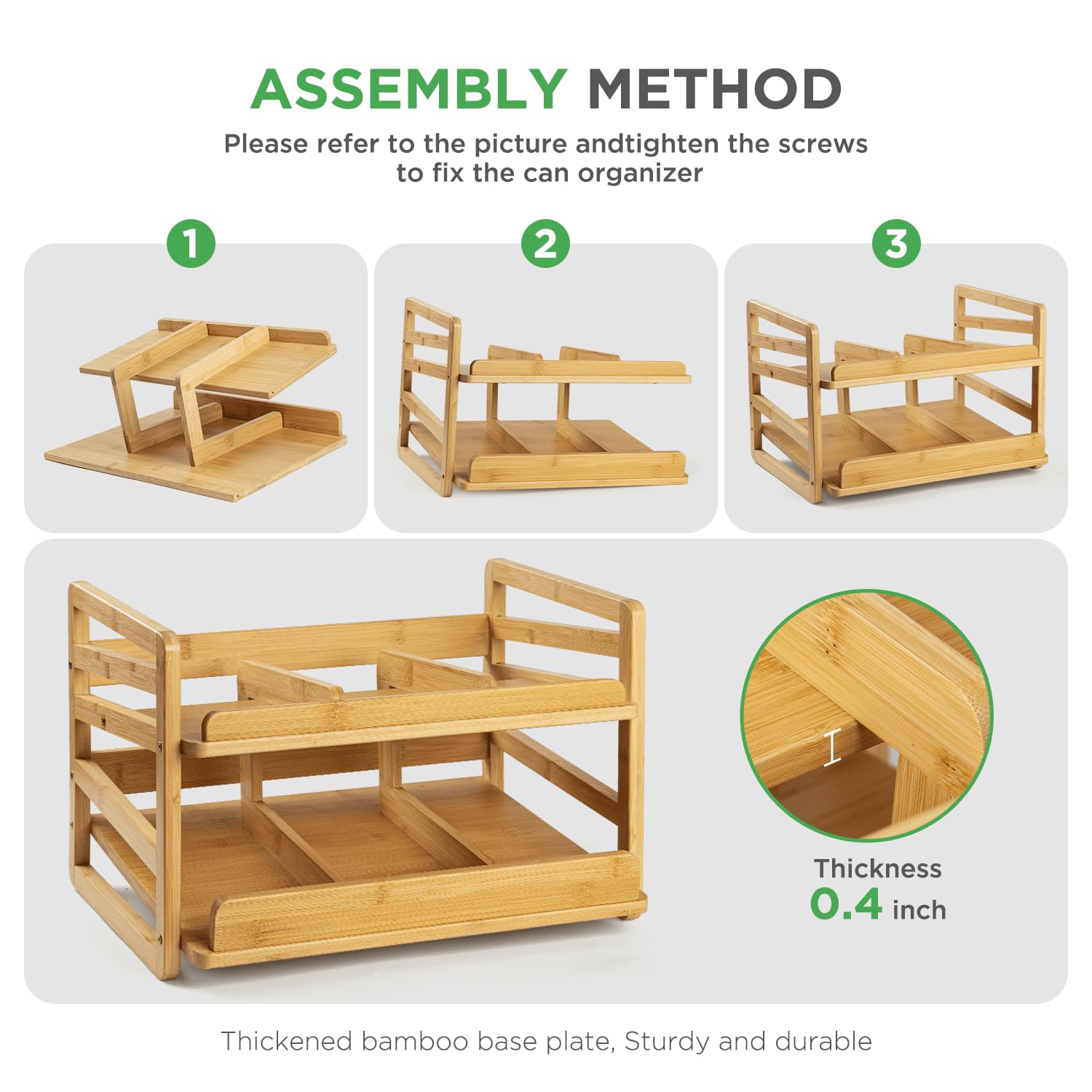 Aclema bamboo rolling can organizer in a kitchen cabinet setup.