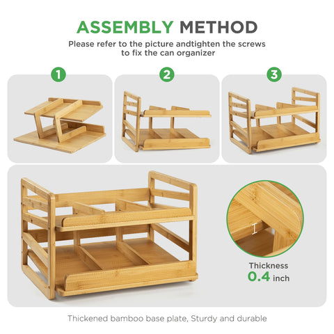 Aclema bamboo rolling can organizer in a kitchen cabinet setup.