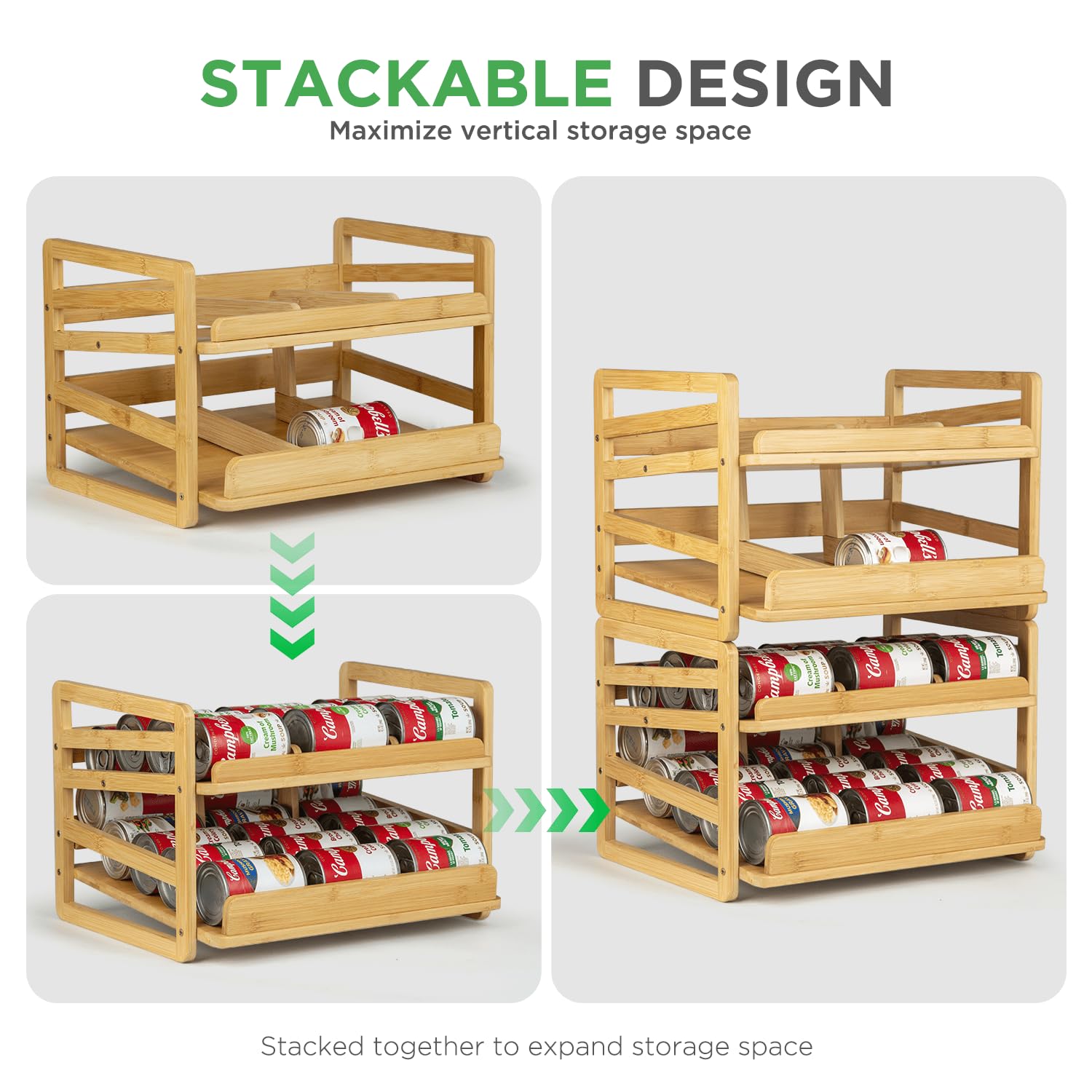 Aclema bamboo rolling can organizer in pantry arrangement, tidy storage.