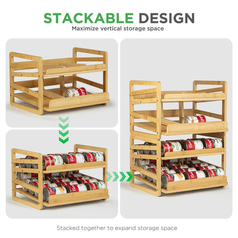 Aclema bamboo rolling can organizer in pantry arrangement, tidy storage.
