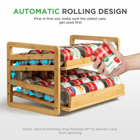 Aclema bamboo rolling can organizer rear view with smooth rolling mechanism.