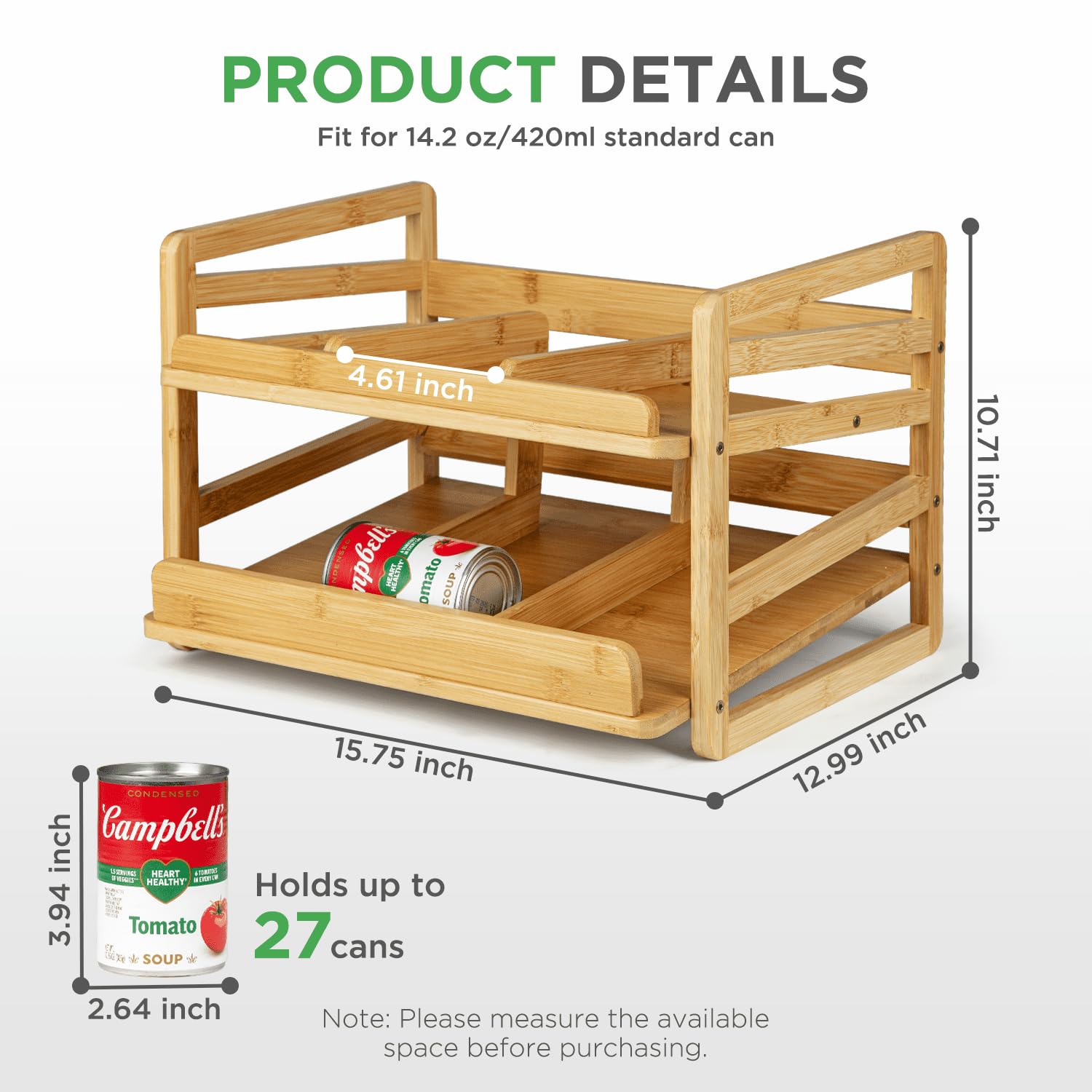Aclema bamboo rolling can organizer side view showing sturdy two-tier design.