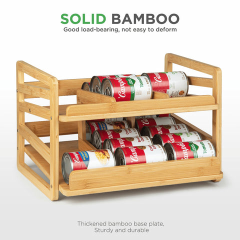 Aclema bamboo rolling can organizer stacked racks save vertical pantry space.