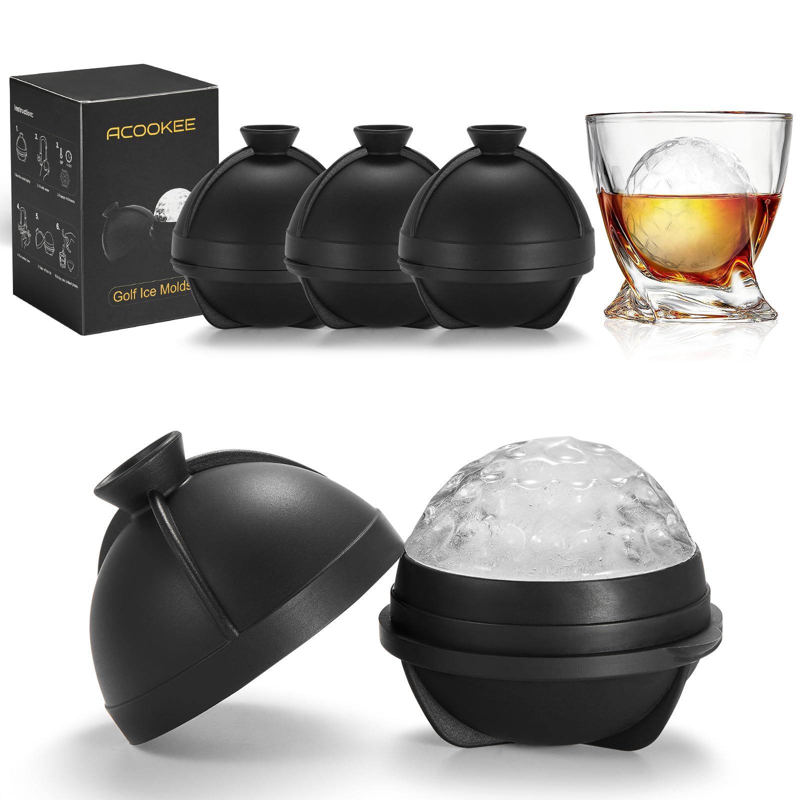 ACOOKEE golf ball ice mold four-pack with 2.5-inch spheres for stylish chilling