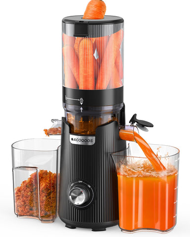 ACoqoos cold press juicer with wide chute enabling whole-fruit juicing for faster prep