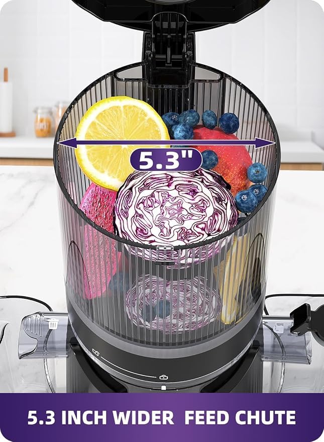 ACoqoos juicer auto-feed design speeds up juice preparation and cleanup.