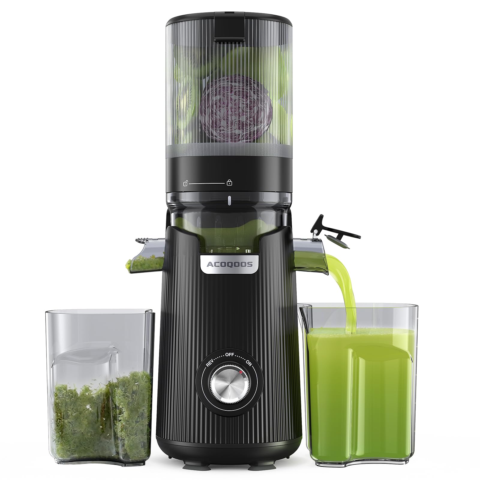 ACoqoos juicer with a 5.3-inch feed chute for easy whole-fruit juicing.