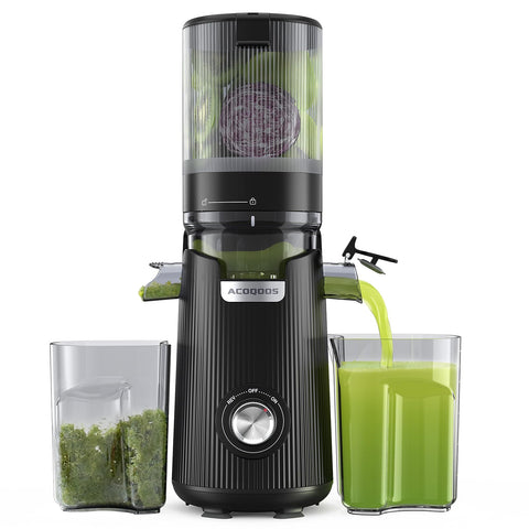 ACoqoos juicer with a 5.3-inch feed chute for easy whole-fruit juicing.
