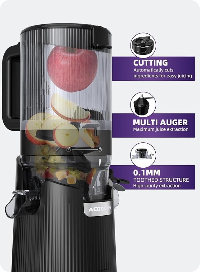 ACoqoos slow-masticating juicer delivers smoother, flavorful juice.