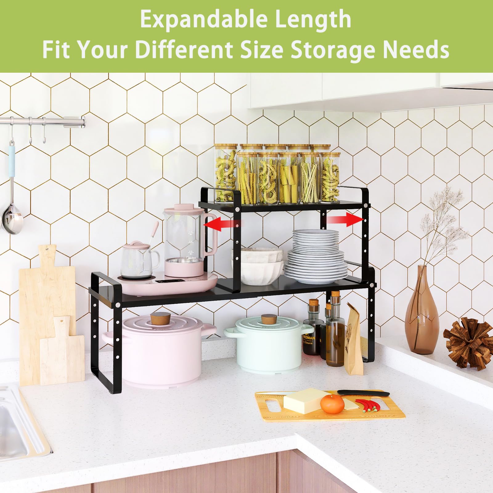 Across-Star adjustable-height pantry shelf customizes spacing for pots and spices