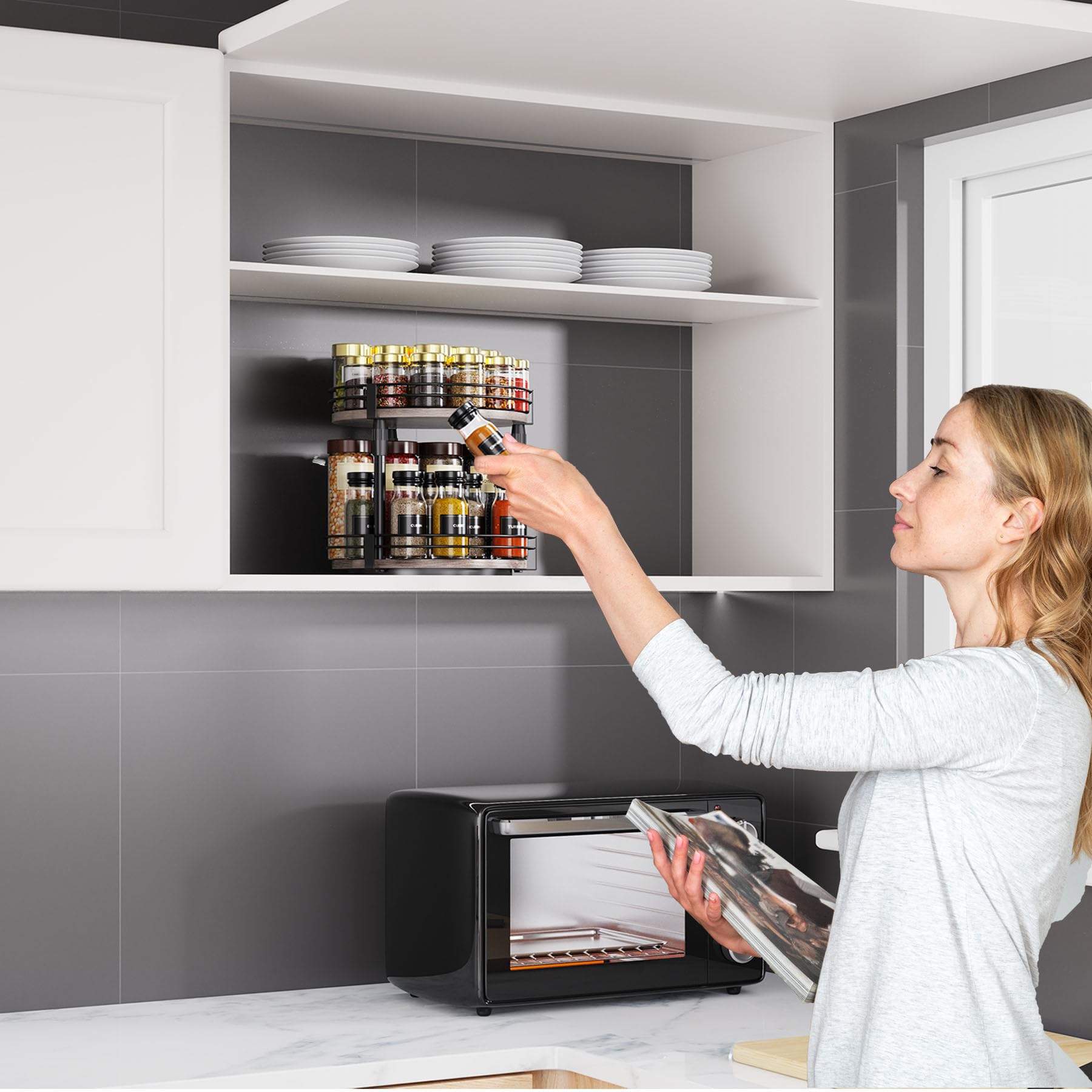 Across-Star countertop spice rack in kitchen enhances accessibility and space efficiency.
