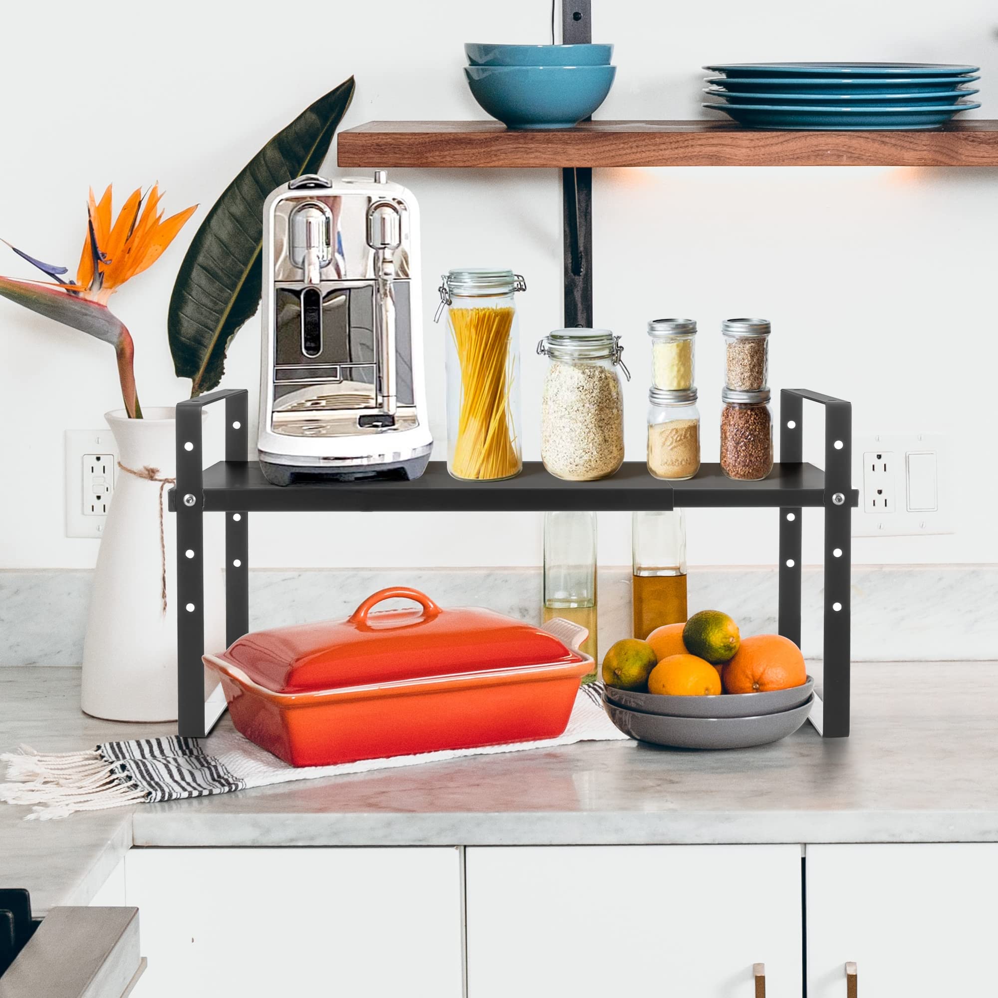 Across-Star expandable cabinet shelf organizer rack two-tier setup increases pantry capacity