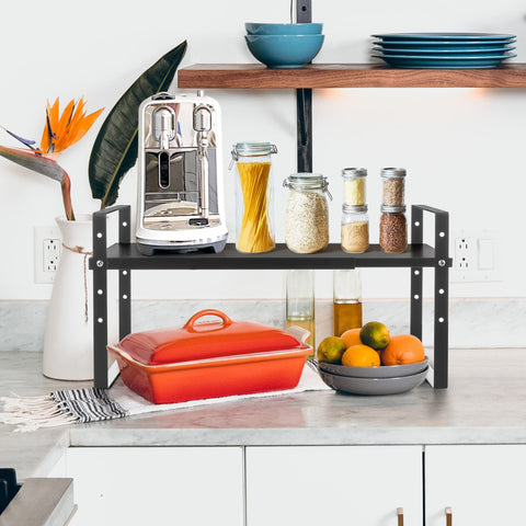 Across-Star expandable cabinet shelf organizer rack two-tier setup increases pantry capacity