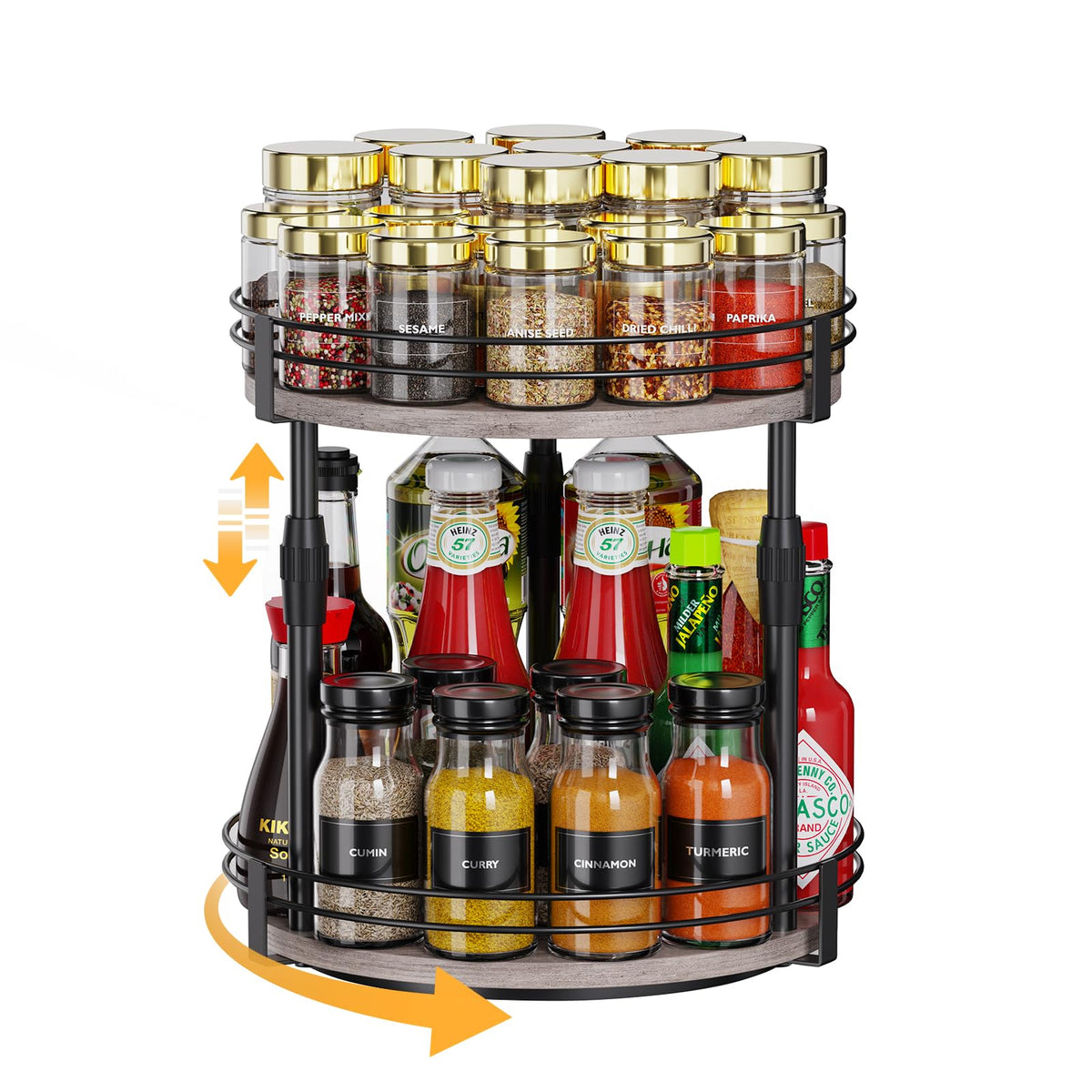 Across-Star lazy-susan spice rack 2-tier view for organized cabinet storage and quick access.